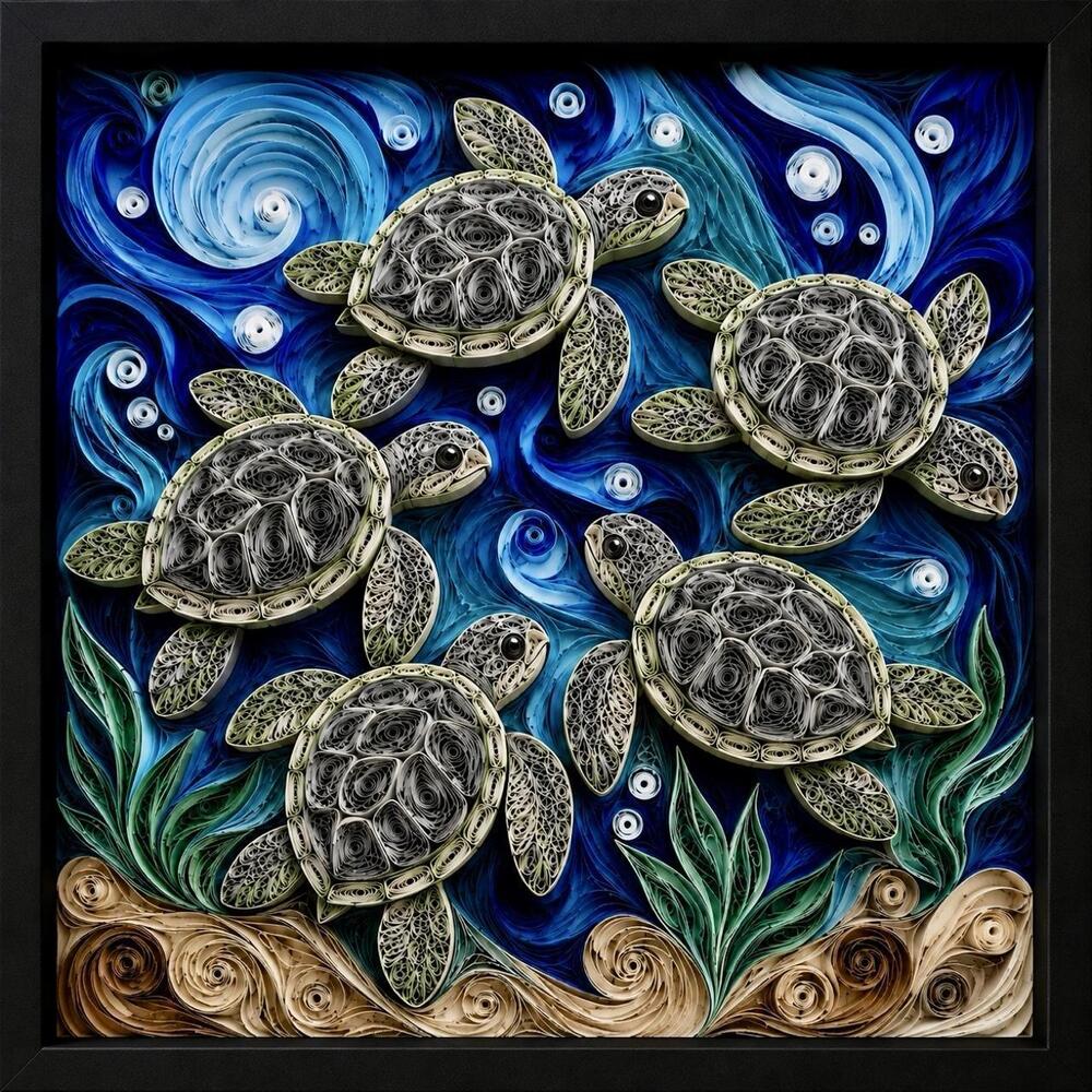 8x8 Black Framed Sea Turtle Wall Art Print – Quilled Ocean Life Coastal Decor